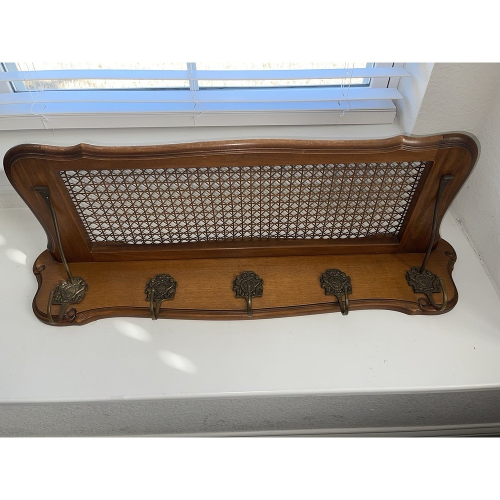Vintage German STIL Wood Wall Shelf With Coat Hooks Rattan/Cane Shelf READ